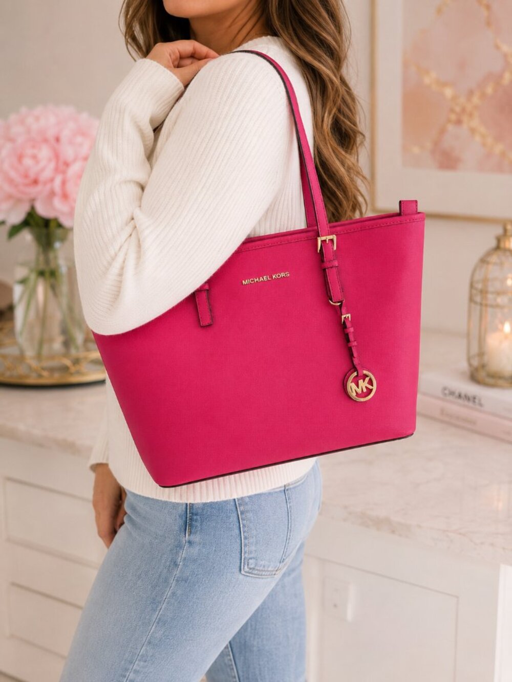 NWT Michael Kors Jet Set Travel Pink Leather Zip Structured Shoulder Bag - Picture 6 of 6